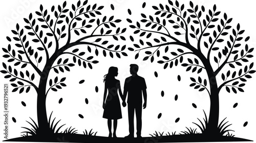 Black silhouette of a romantic couple holding hands and standing under arching leafy trees with falling leaves, isolated on white background, vector.