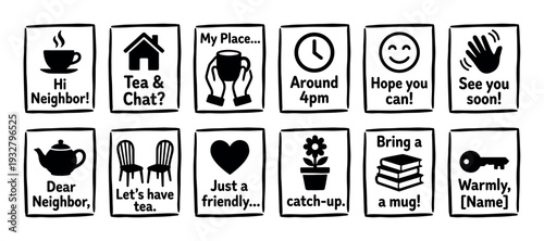 Set of hand-drawn pictogram icons forming an invitation to a neighbor for a friendly tea and chat, a simple black and white graphic design isolated on a white background