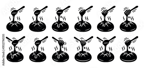 Set of twelve black silhouette icons showing honey or syrup being poured from a spoon or dipper onto a fresh bun or pancake, isolated on a white background