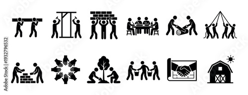 Collection of black silhouette teamwork icons illustrating various aspects of cooperation, construction, and community, showcasing shared effort in building, planting, and collaboration