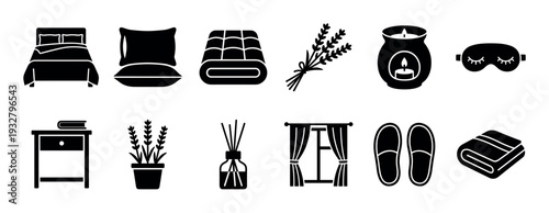 Collection of black silhouette sleep and relaxation icons, featuring various bedroom and comfort items like a bed, pillow, lavender, and candle, isolated on a clean white background