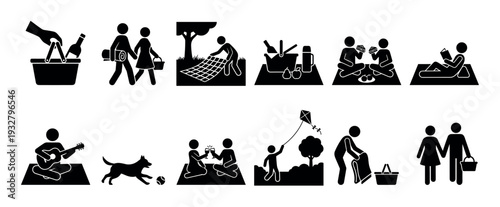 Black picnic and outdoor recreation icon set with stick figures enjoying summer activities like eating, drinking, playing guitar, and flying a kite, isolated on a white background