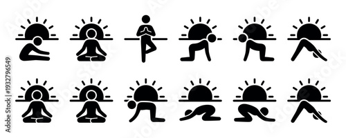 Set of black silhouette yoga pose icons showing various asanas and stretching exercises for fitness and wellness, a minimalist pictogram collection isolated on white background