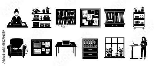 Black silhouette icons set representing home office furniture, remote work essentials, and creative hobby tools for freelance and organization concepts, isolated on white background