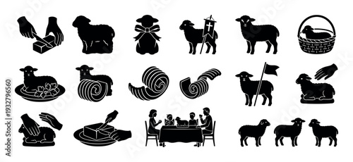Easter lamb and butter tradition silhouette icons showing religious symbols, family celebration, and holiday food preparation isolated on a white background