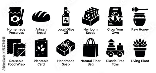 Collection of black glyph icons representing sustainable, local, and handmade products like bread, honey, soap, and toys, arranged in a grid and isolated on a white background