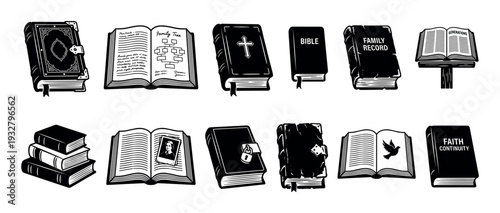 Collection of vintage black and white book illustrations representing faith, family history, and knowledge, featuring a Bible, family tree, and locked diary, isolated on a white background