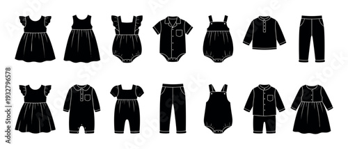 Large set of black baby clothes silhouettes including dresses, rompers, shirts, and pants for boys and girls, a vector icon collection isolated on white background