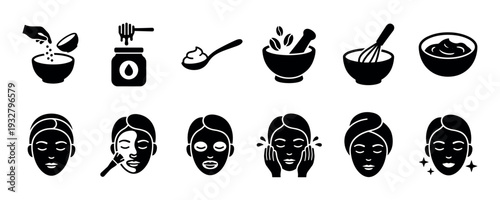 Set of black silhouette icons showing facial mask preparation and application steps with natural ingredients like honey and coffee, isolated on a white background