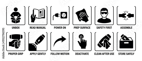 Black and white instructional icons set for a user manual guide showing steps for assembly, usage, and safety precautions, presented as simple vector pictograms isolated on white