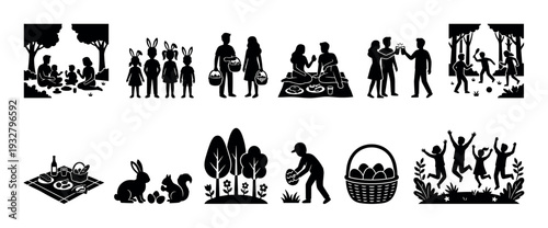 Black silhouette icon set of people celebrating Easter and spring outdoors with family picnics, egg hunts, and games, isolated on a white background