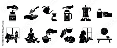 Collection of black silhouette coffee icons showing the brewing process from grinding beans to enjoying a hot drink with a cat or book, isolated on a white background