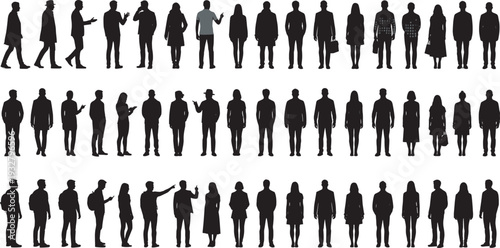 Large collection of diverse people silhouettes in different poses, men and women black vector set