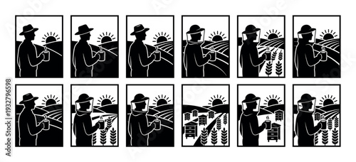 Set of twelve black and white icons showing a farmer and beekeeper holding a mug in a field with wheat and beehives at sunrise, a graphic illustration isolated on white