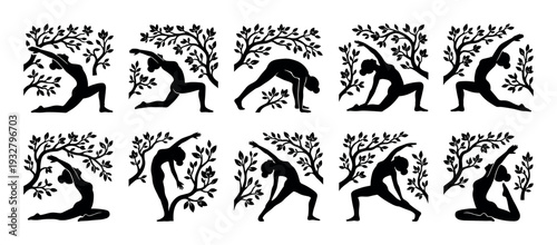 Set of black yoga pose silhouettes with trees showing women in various asanas for wellness and fitness, a graphic vector illustration collection isolated on a white background