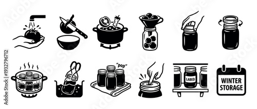 Complete set of black and white icons illustrating the food canning process, detailing steps from preparation and cooking to sealing and storing homemade preserves
