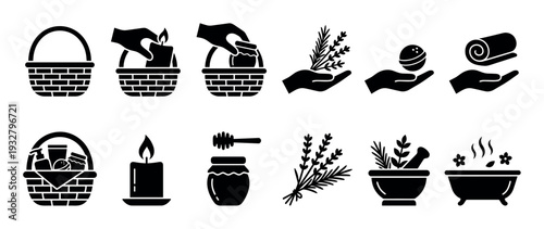 Black silhouette icon set for spa relaxation and self-care, including symbols for a gift basket, candle, honey, aromatherapy, and natural cosmetics, isolated on a white background