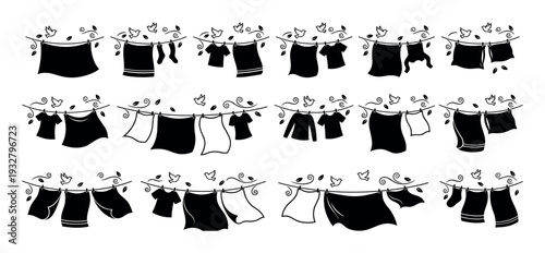 Black silhouette laundry icons set with clothes drying on a stylized clothesline with birds and leaves, a simple vector graphic collection of various garments isolated on white