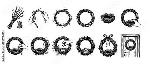 Black and white hand-drawn icon set showing the step-by-step process of making a rustic spring wreath from twigs with a bird's nest, eggs, and a bow, isolated on white