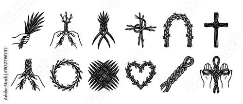 Woven palm leaf Christian symbol icons collection showing crosses, wreaths, and hands in a black and white line art style isolated on a white background