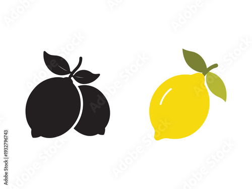 Lemon and orange icons with leaves on white background  citrus fruits