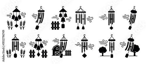 Wind chime black glyph icons set showing various musical decorations with bells and tubes blowing in the wind in different outdoor farm and garden scenes, isolated on white background