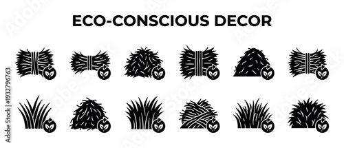Eco-conscious decor black glyph icons set featuring natural, sustainable materials like hay, straw, and grass for organic home design, isolated on a white background