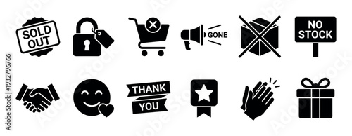 Collection of black e-commerce glyph icons representing sold out, no stock, thank you, and customer satisfaction concepts, isolated on a white background for web design