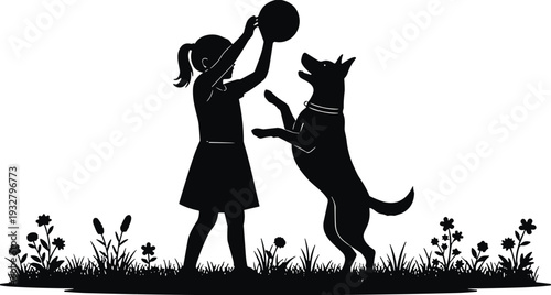 Black silhouette of a young girl playing ball with her dog in a flower meadow, isolated on white background, vector illustration, pets.