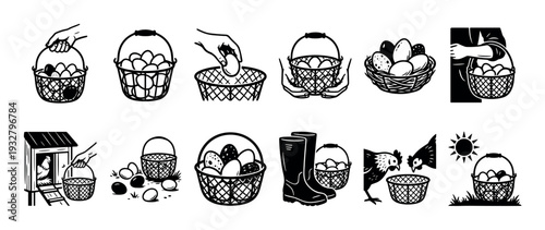 Set of black and white farm icons showing egg gathering and rural life with baskets, chickens, and a coop in a simple graphic vector style isolated on a white background
