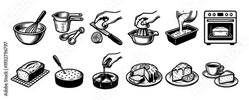 Lemon cake baking process icon set showing recipe steps in a vintage hand-drawn woodcut style illustration isolated on a white background