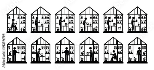 Black stick figure icon set showing a person inside a greenhouse with plants, representing hobbies, relaxation, and solitude in a minimalist pictogram collection isolated on white