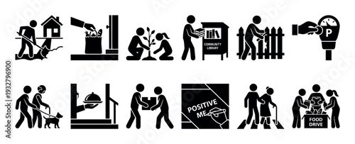 Collection of black pictogram icons illustrating acts of kindness, charity, and community service, including volunteering, food drives, and helping the elderly, isolated on white background