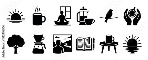Set of black morning routine icons showing coffee, meditation, sunrise, and reading in a minimalist glyph style isolated on a white background for wellness and lifestyle concepts
