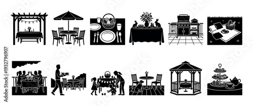 Collection of black silhouette dining and outdoor event icons, including pergolas, picnic setups, BBQ grills, and people enjoying meals, isolated on a clean white background