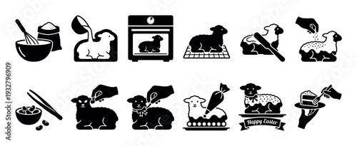 Black and white icon set showing steps for baking a traditional Easter lamb cake, from mixing ingredients and baking to decorating and serving the festive dessert