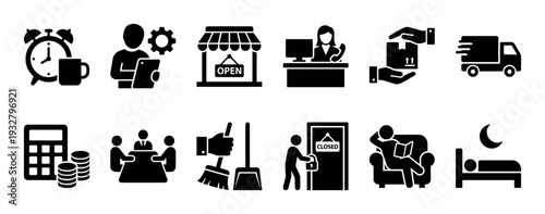 Black silhouette icon set illustrating daily routine and work life balance concepts like business, delivery, finance, and rest, isolated on a white background