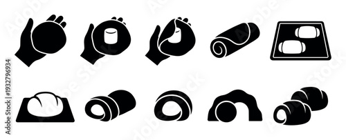 Set of black baking process icons showing dough preparation, kneading, rolling, and baking bread or croissants as minimalist glyphs isolated on a white background