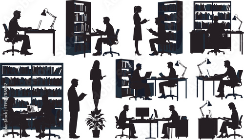 Library and office workspace silhouette vector set, people reading studying and working illustration
