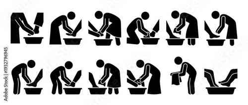 Set of black stick figure pictograms showing foot washing in a basin, symbolizing humility, service, and hospitality in a minimalist icon collection isolated on white