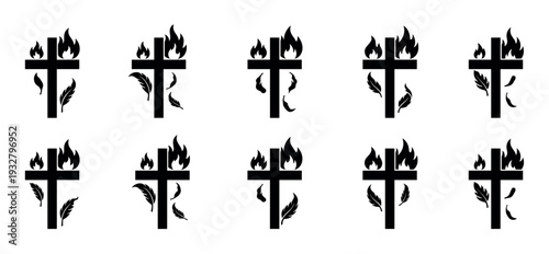 Set of black Christian cross icons with burning flames and falling feathers, symbolizing faith, sacrifice, and the Holy Spirit, isolated on a white background
