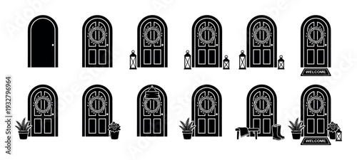 Black arched front door silhouette icon set showing stages of decoration with a wreath, lantern, plants, and welcome mat for home exterior design concepts isolated on white background