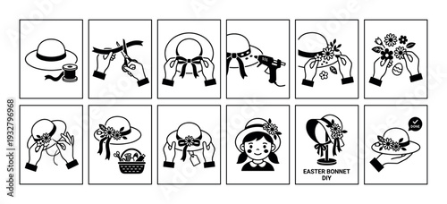 Step by step instruction icon set for decorating a holiday bonnet with flowers and ribbons, a simple black and white visual guide for a fun DIY craft project