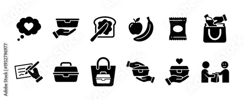 Set of black glyph icons for lunch preparation, food donation, and charity, representing care, volunteering, and sharing meals like sandwiches and fruit, isolated on a white background
