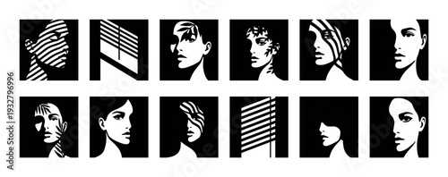 Set of black and white graphic icons depicting abstract female portraits with dramatic light and shadow effects, creating a mysterious and modern aesthetic on a white background