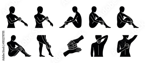 Black silhouette icons illustrating a dry body brushing self-massage technique for a wellness and skincare routine, showing different body parts like arms, legs, and back, isolated on white