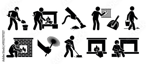 Collection of chimney sweep and fireplace cleaning icons showing a person sweeping soot, brushing the flue, and maintaining a hearth, isolated on a white background