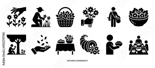 Black and white glyph icon set illustrating nature's generosity with symbols of gardening, harvesting, sharing food, and abundance, presented in a clean minimalist style isolated on white