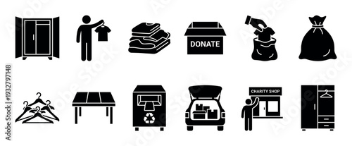 Clothing donation and charity black glyph icons set showing the process of giving old apparel, from sorting at home to delivering to a thrift shop, isolated on white background