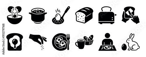 Set of black breakfast food icons showing cooking, eggs, bread, toast, and kitchen utensils in a simple glyph style isolated on a white background